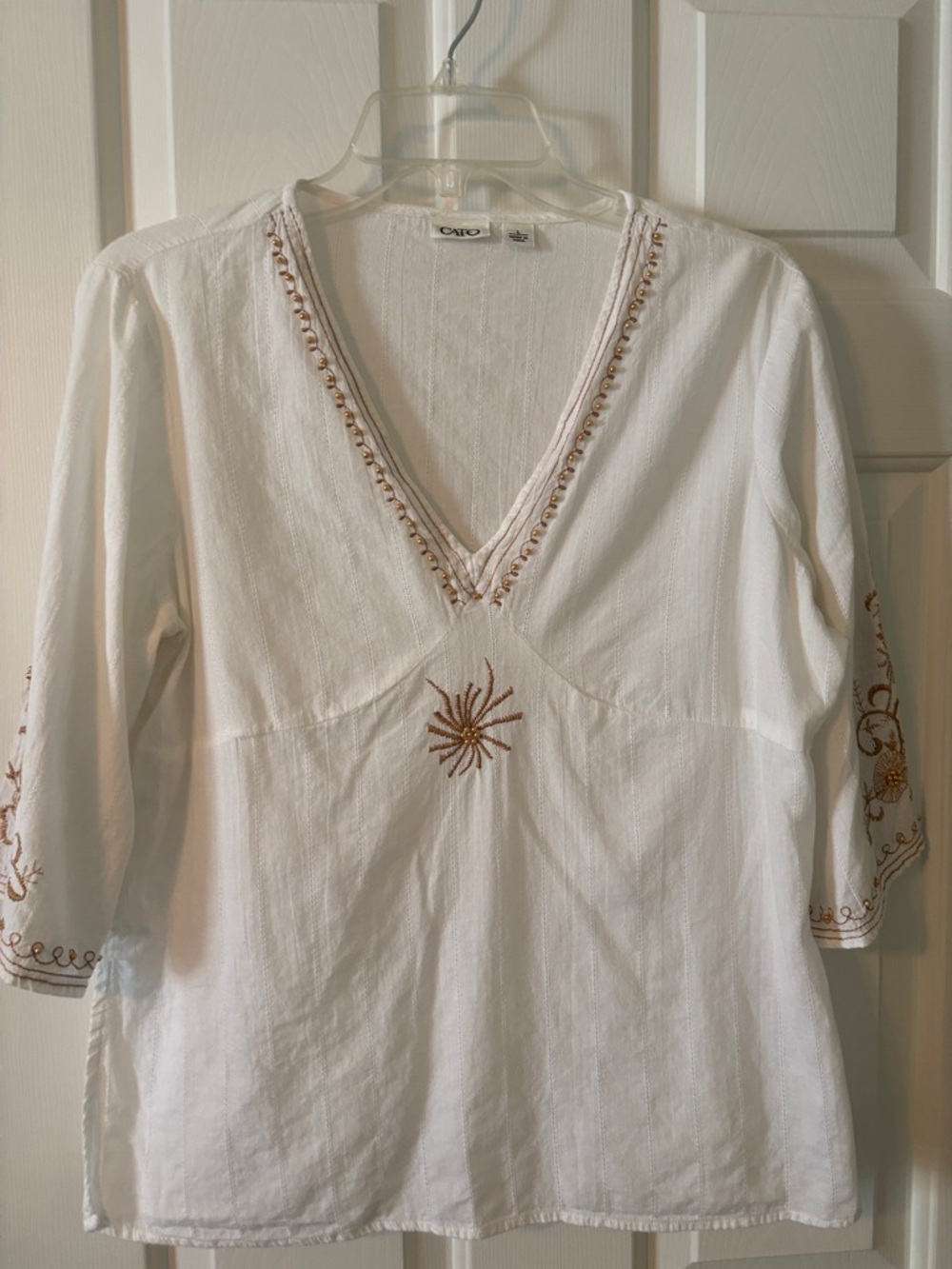 Cato White V-Neck Cotton Tunic with Tan Embroidery